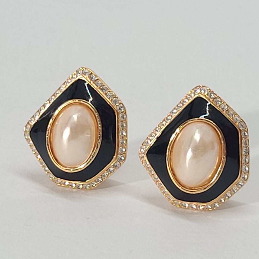 Ciner Geometric Black Enamel Faux Pearl Clip On Earrings, Large Statement Estate